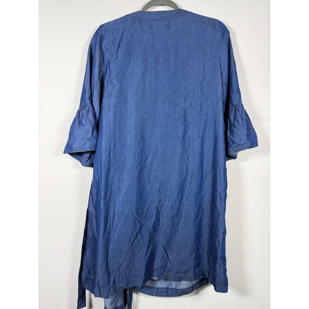 Ellos Women Blue Denim Wrap Dress Size 14 Bell Sleeve Ruffle Chambray V-Neck Tie